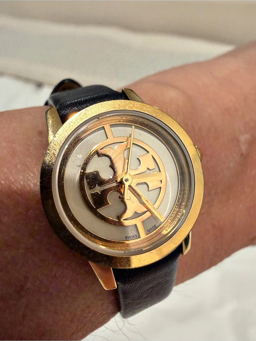 Tory Burch Reva Double Wrap Leather Strap Watch Gold & Black